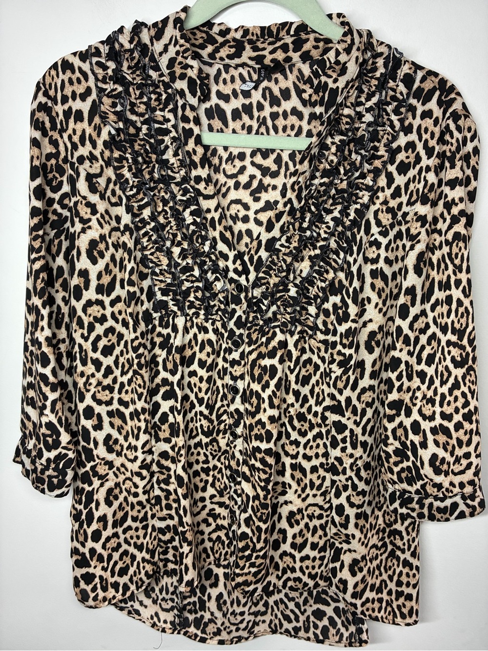 Leopard Ruffle Button-Down Blouse - Beige/Black